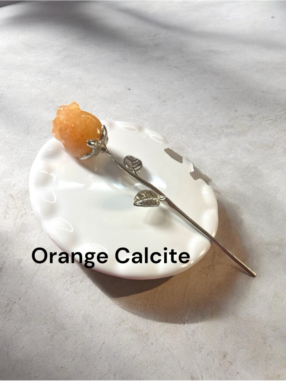 Orange Calcite Rose Carving with Silver Stem - Home Decor